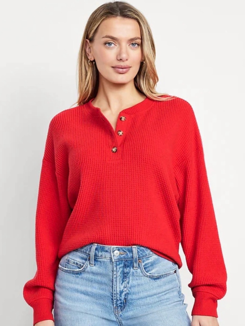 Old Navy Women’s Red Oversized Cozy Waffle Henley Top, Size Medium